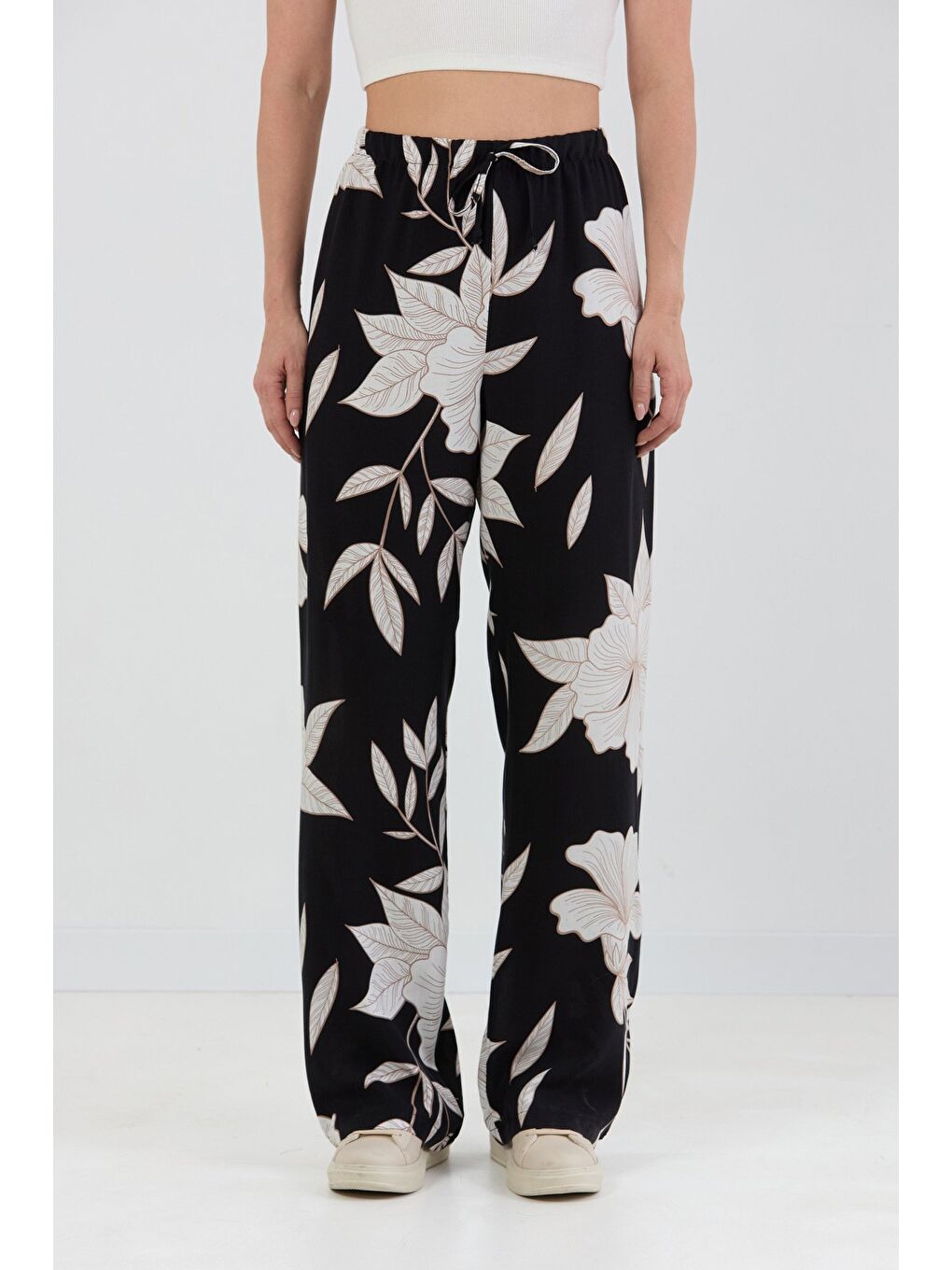 Kahverengi Desenli Beli Lastikli Palazzo Pantolon-4