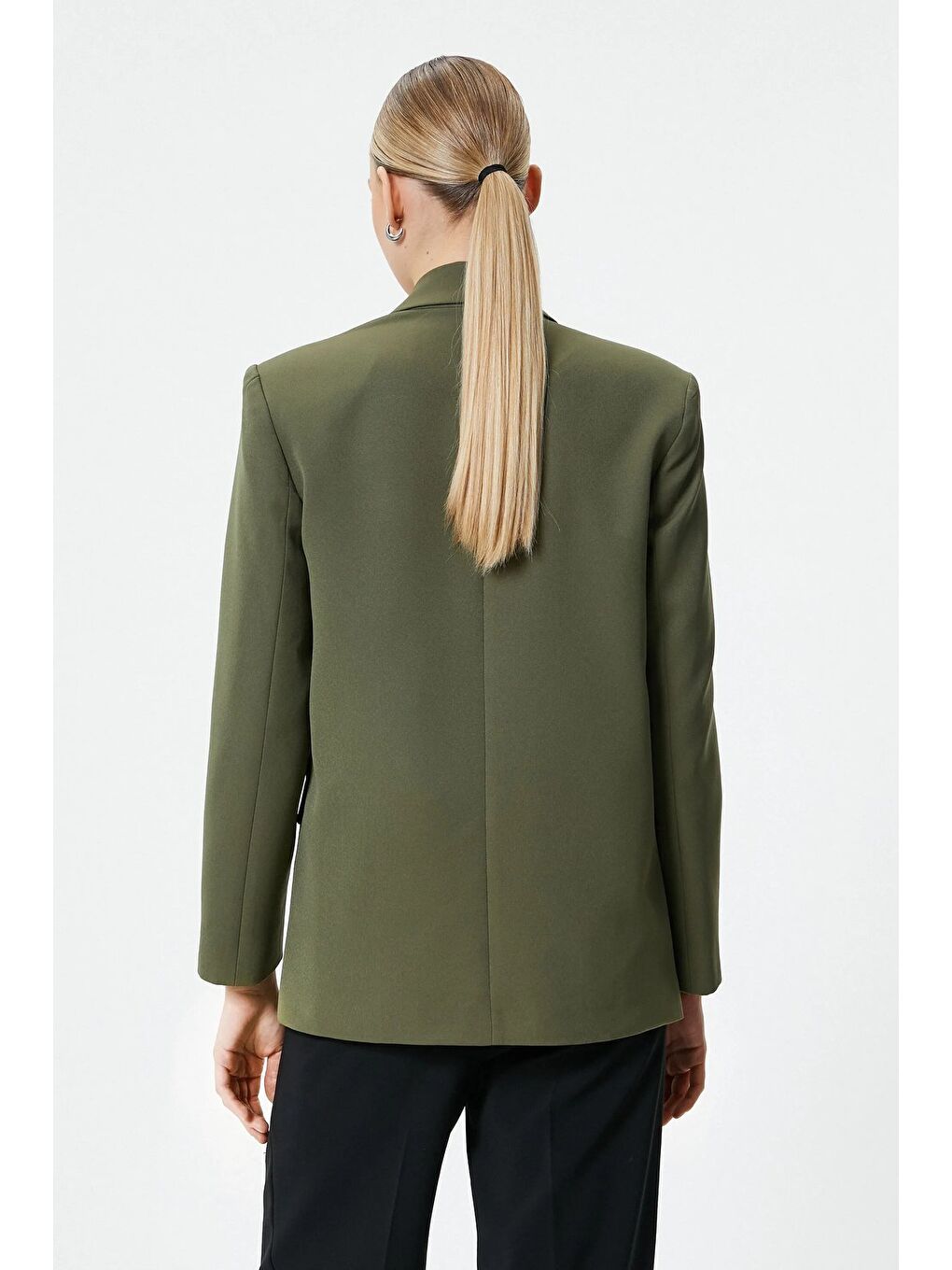 Haki Kadın Tek Düğmeli Dokuma Kruvaze Blazer Ceket - Kuşaklı-3