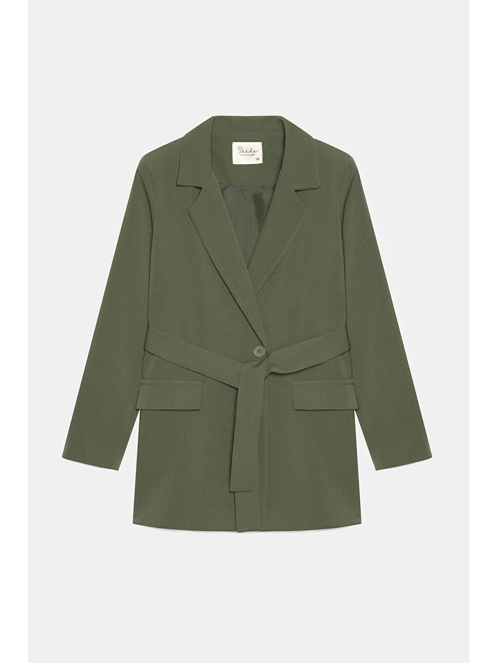 Haki Kadın Tek Düğmeli Dokuma Kruvaze Blazer Ceket - Kuşaklı-4