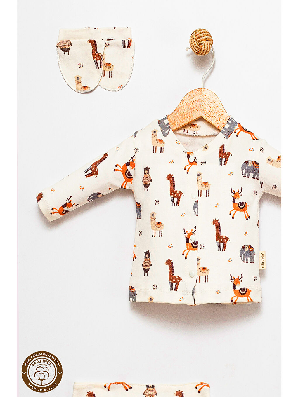 Ekru Pamuklu 5 li Yenidoğan Hayvanlar Alemi  Baskılı Hastane Çıkışı Seti-1