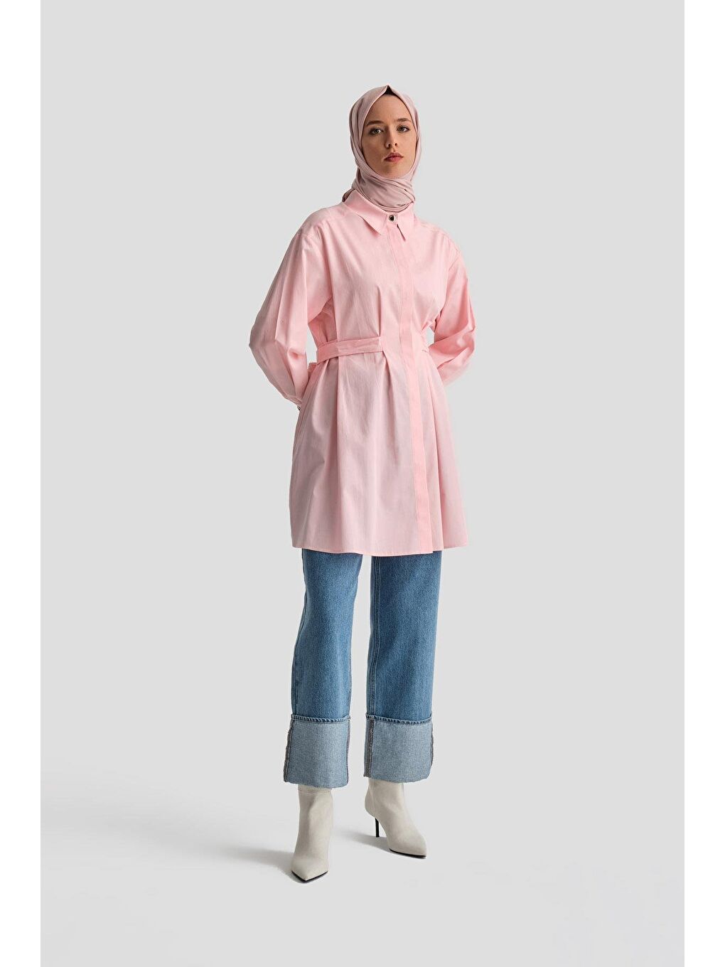 Fiyonklu Naturel Kumaşlı Tunik 24K4300 Pembe-2