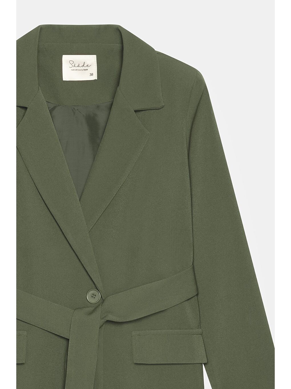 Haki Kadın Tek Düğmeli Dokuma Kruvaze Blazer Ceket - Kuşaklı-5