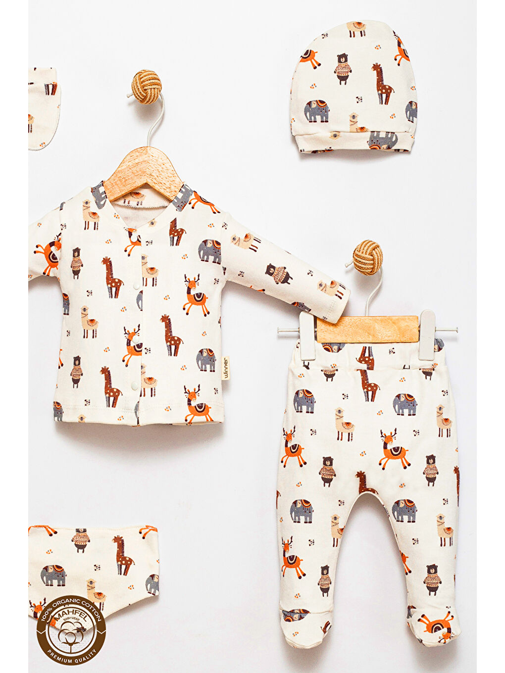 Ekru Pamuklu 5 li Yenidoğan Hayvanlar Alemi  Baskılı Hastane Çıkışı Seti-2