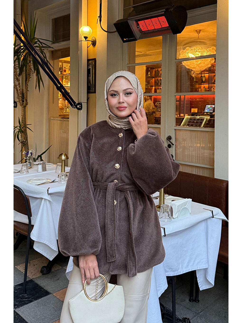 Kadın Beli Lastikli Tüylü Ceket Kahverengi