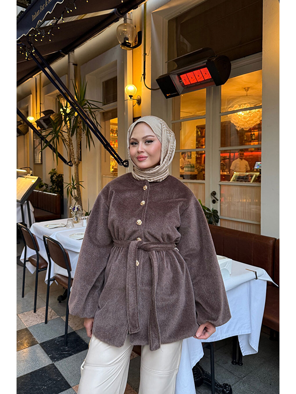 Kadın Beli Lastikli Tüylü Ceket Kahverengi-1