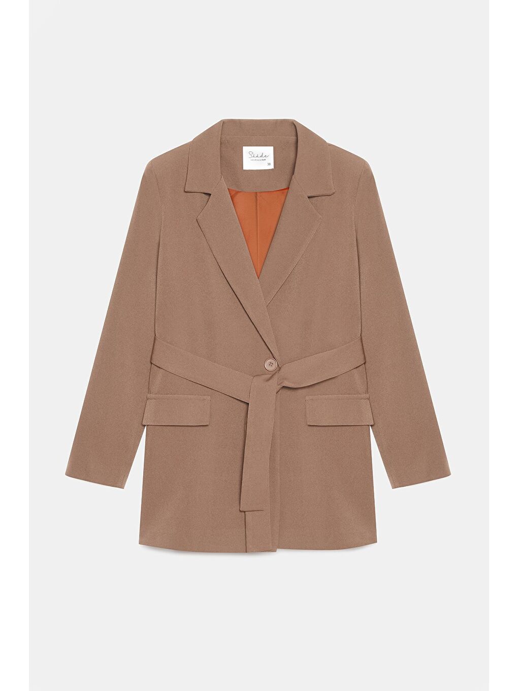 Kahverengi Kamel Kadın Tek Düğmeli Dokuma Kruvaze Blazer Ceket - Kuşaklı