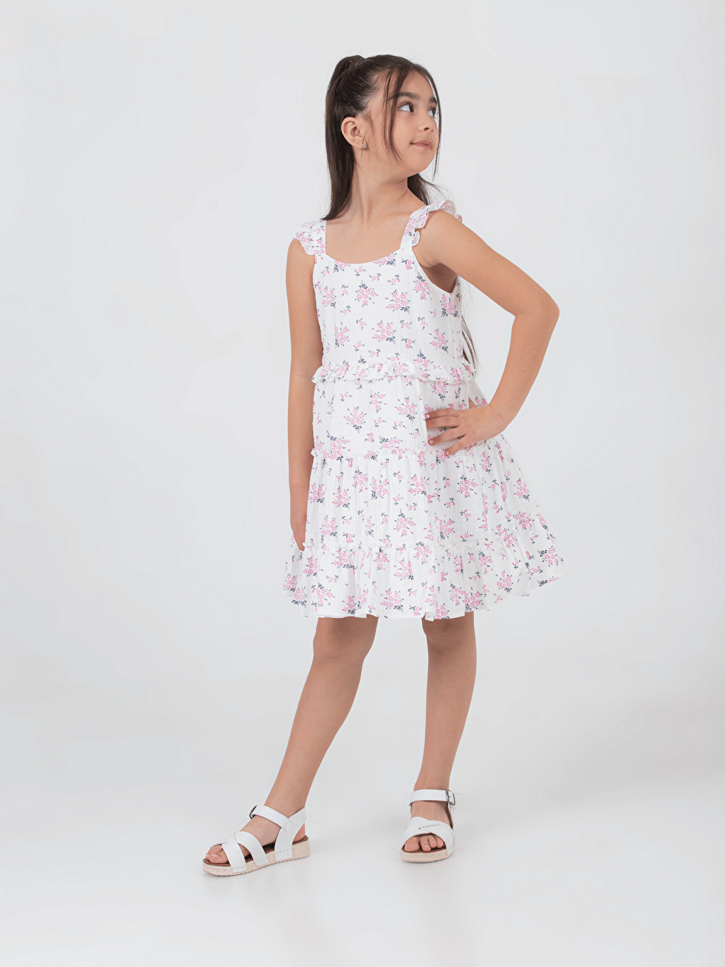 Pembe Kare Yaka Çiçek Desenli Kız Çocuk Elbise-1