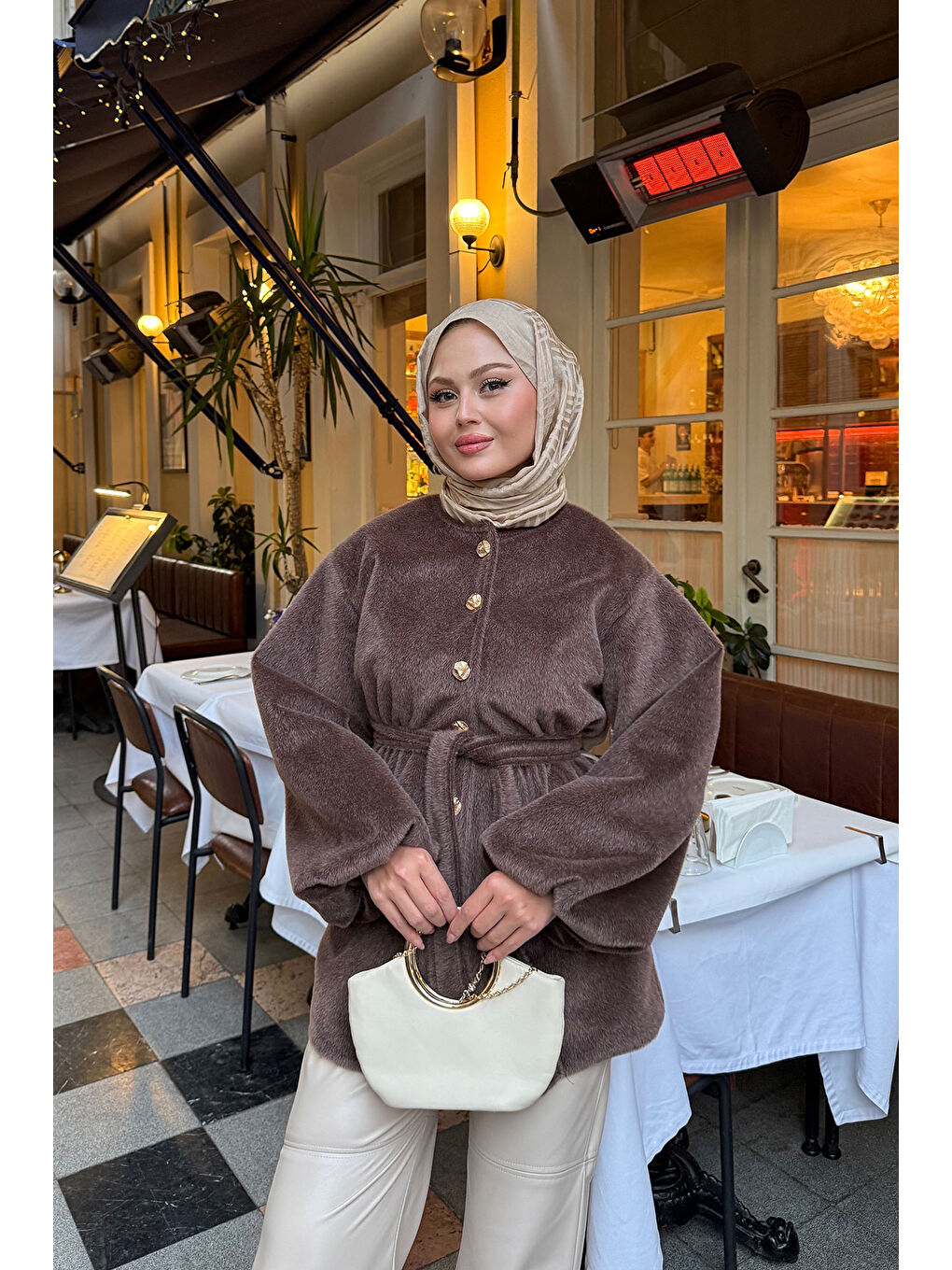 Kadın Beli Lastikli Tüylü Ceket Kahverengi-2