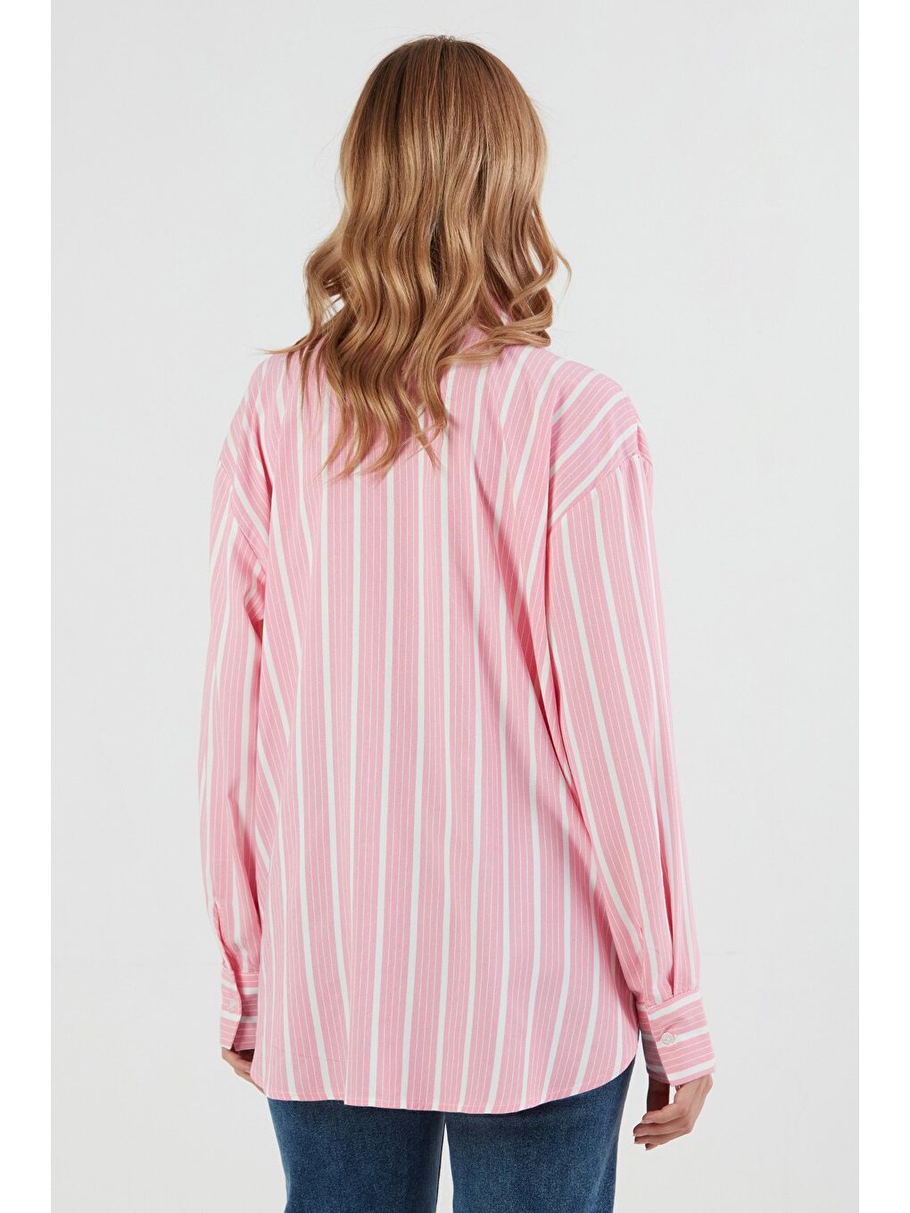 Pembe Çizgili Tek Cepli Oversize Gömlek-2
