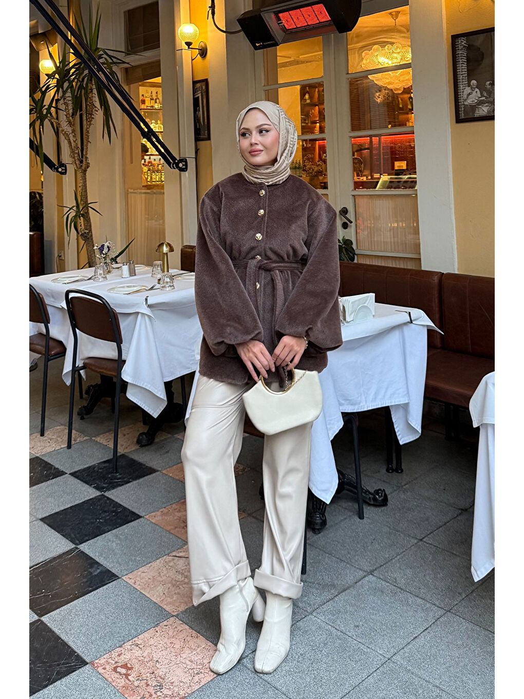 Kadın Beli Lastikli Tüylü Ceket Kahverengi-3