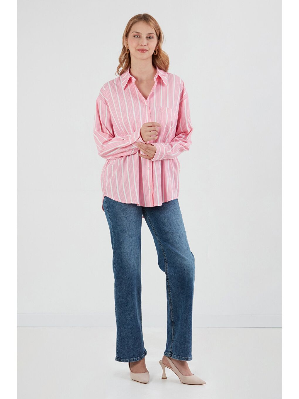 Pembe Çizgili Tek Cepli Oversize Gömlek-3
