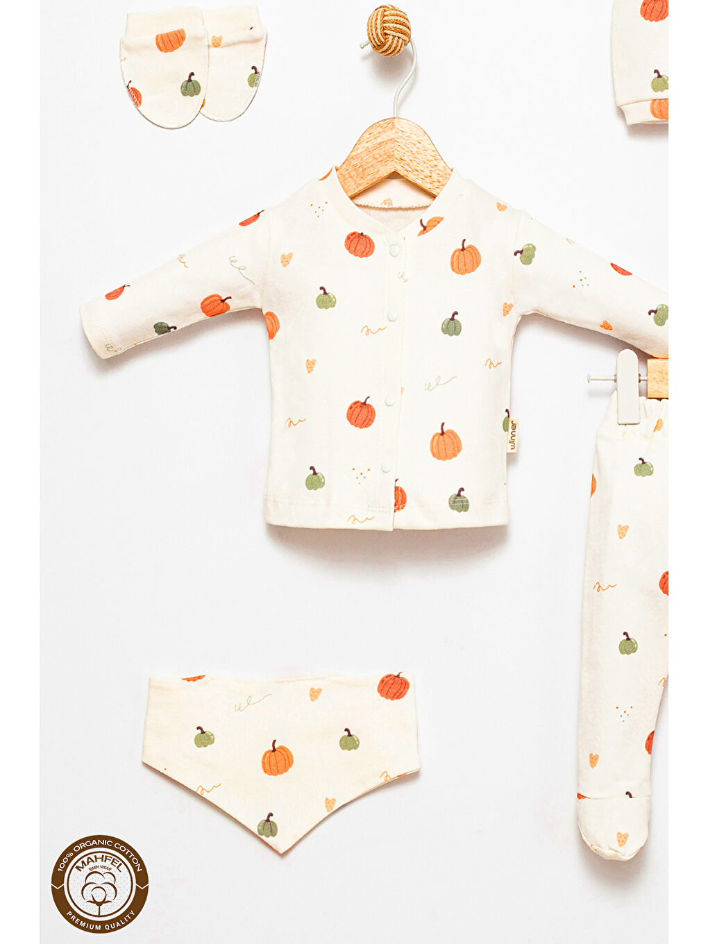 Lila Pamuklu 5 li Yenidoğan Balkabağı Baskılı Hastane Çıkışı Seti-1