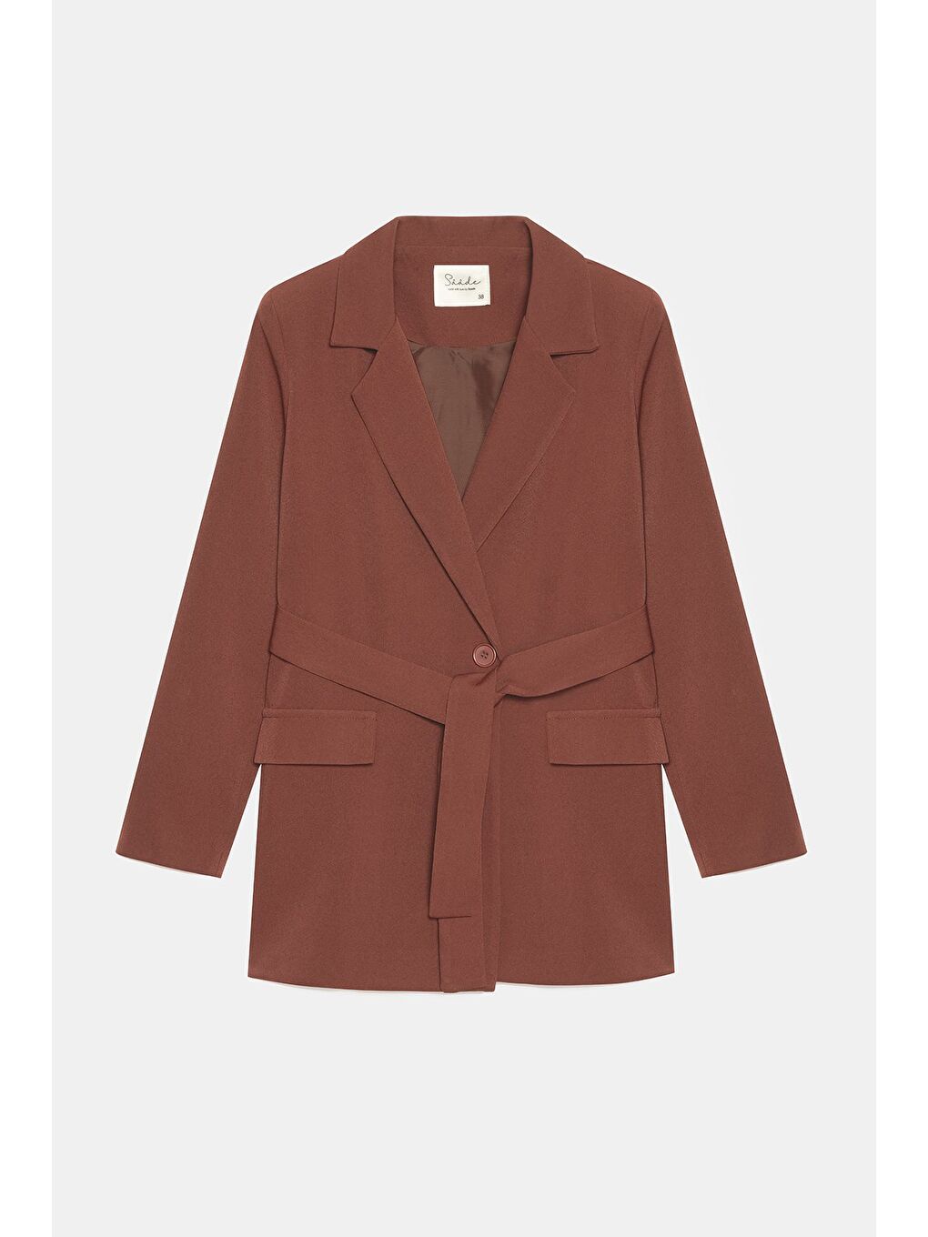 Kahverengi Kadın Tek Düğmeli Dokuma Kruvaze Blazer Ceket - Kuşaklı