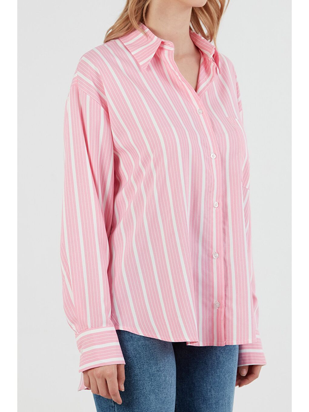 Pembe Çizgili Tek Cepli Oversize Gömlek-4
