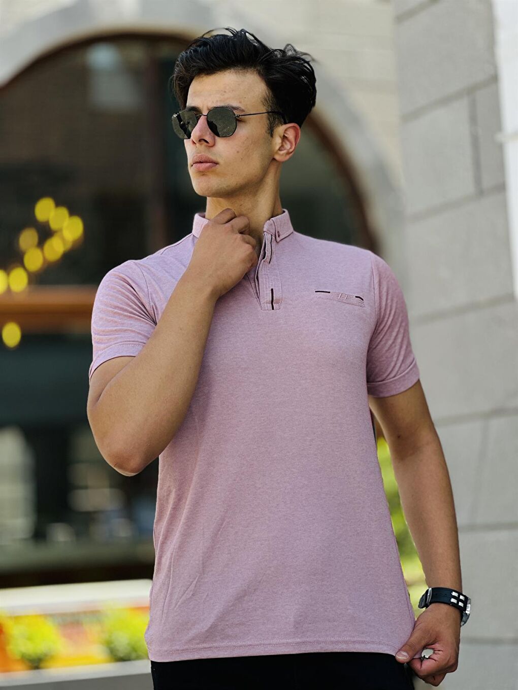 Pat-Cep Üstü Nakış Detaylı Polo Yaka Kısa Kollu Tişört 41289-Pembe-1