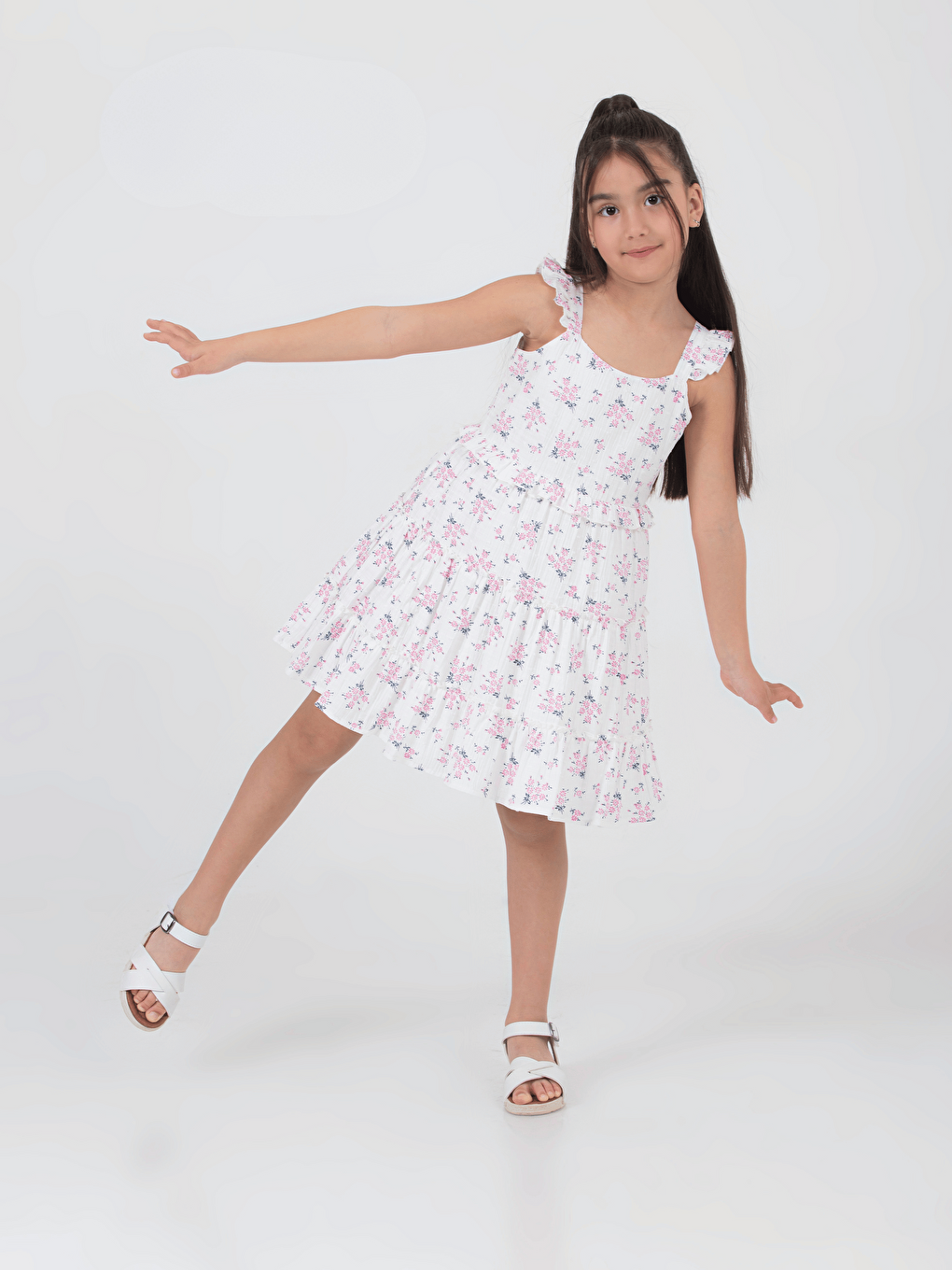 Pembe Kare Yaka Çiçek Desenli Kız Çocuk Elbise-2