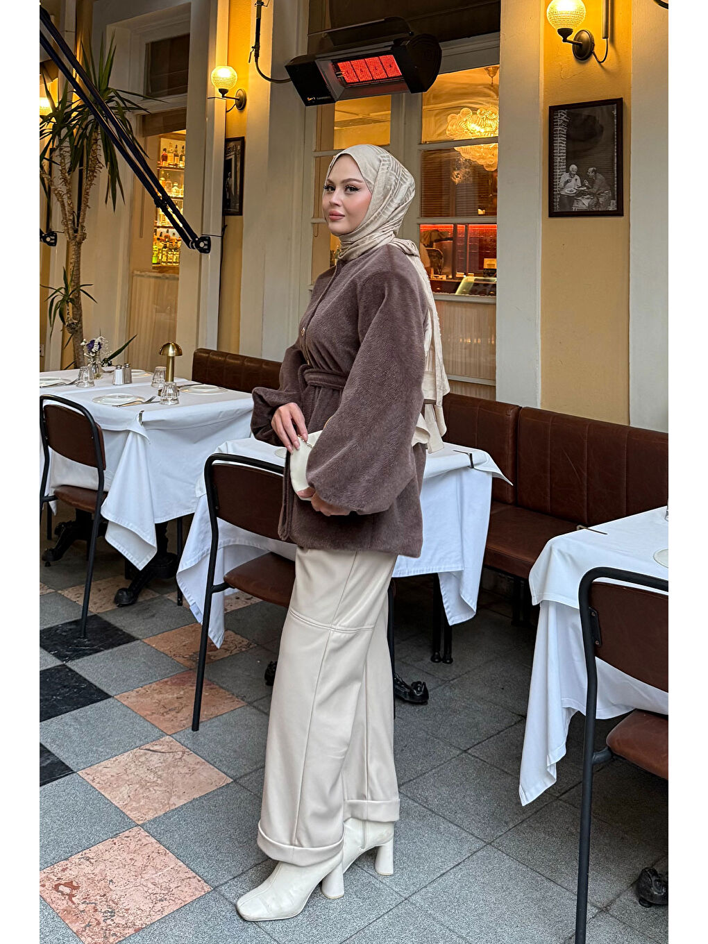Kadın Beli Lastikli Tüylü Ceket Kahverengi-4