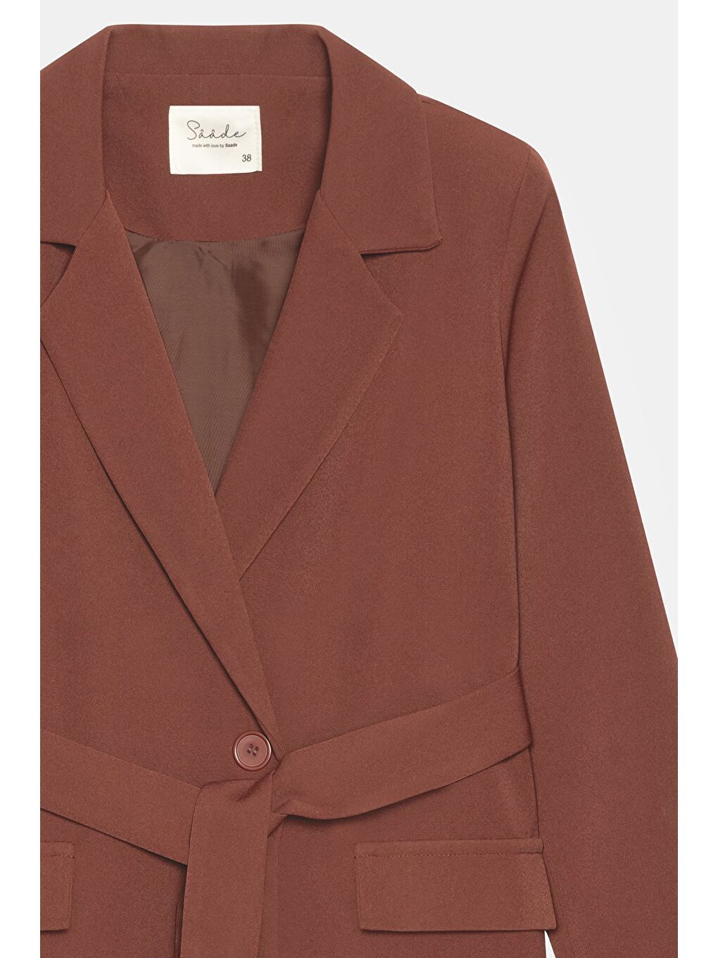 Kahverengi Kadın Tek Düğmeli Dokuma Kruvaze Blazer Ceket - Kuşaklı-1