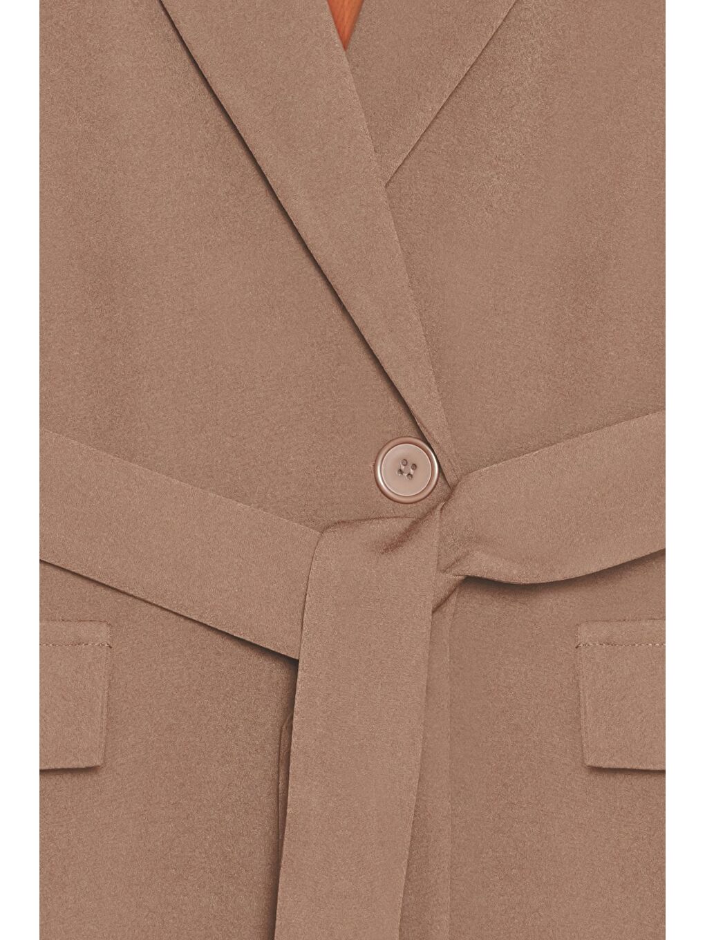 Kahverengi Kamel Kadın Tek Düğmeli Dokuma Kruvaze Blazer Ceket - Kuşaklı-2