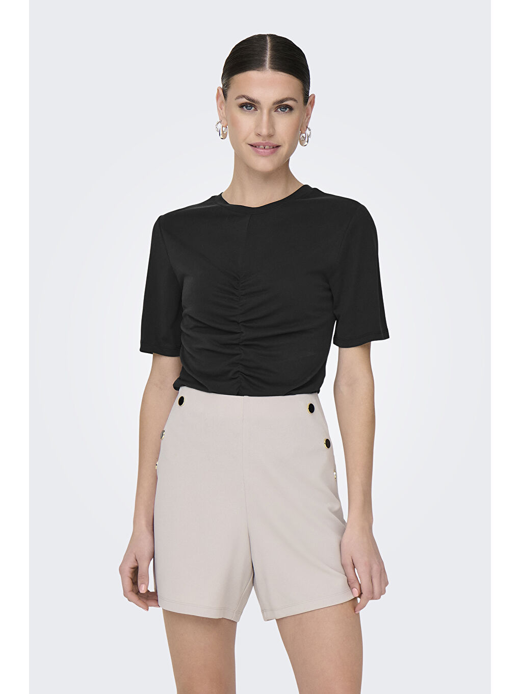 Siyah Onlfree Büzgülü Regular Fit Bisiklet Yaka T Shirt 15346602