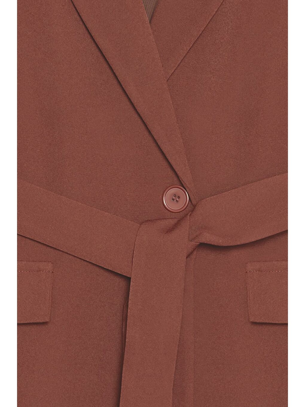 Kahverengi Kadın Tek Düğmeli Dokuma Kruvaze Blazer Ceket - Kuşaklı-2