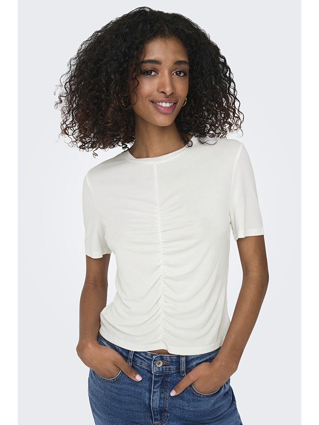 Ekru Onlfree Büzgülü Regular Fit Bisiklet Yaka T Shirt 15346602