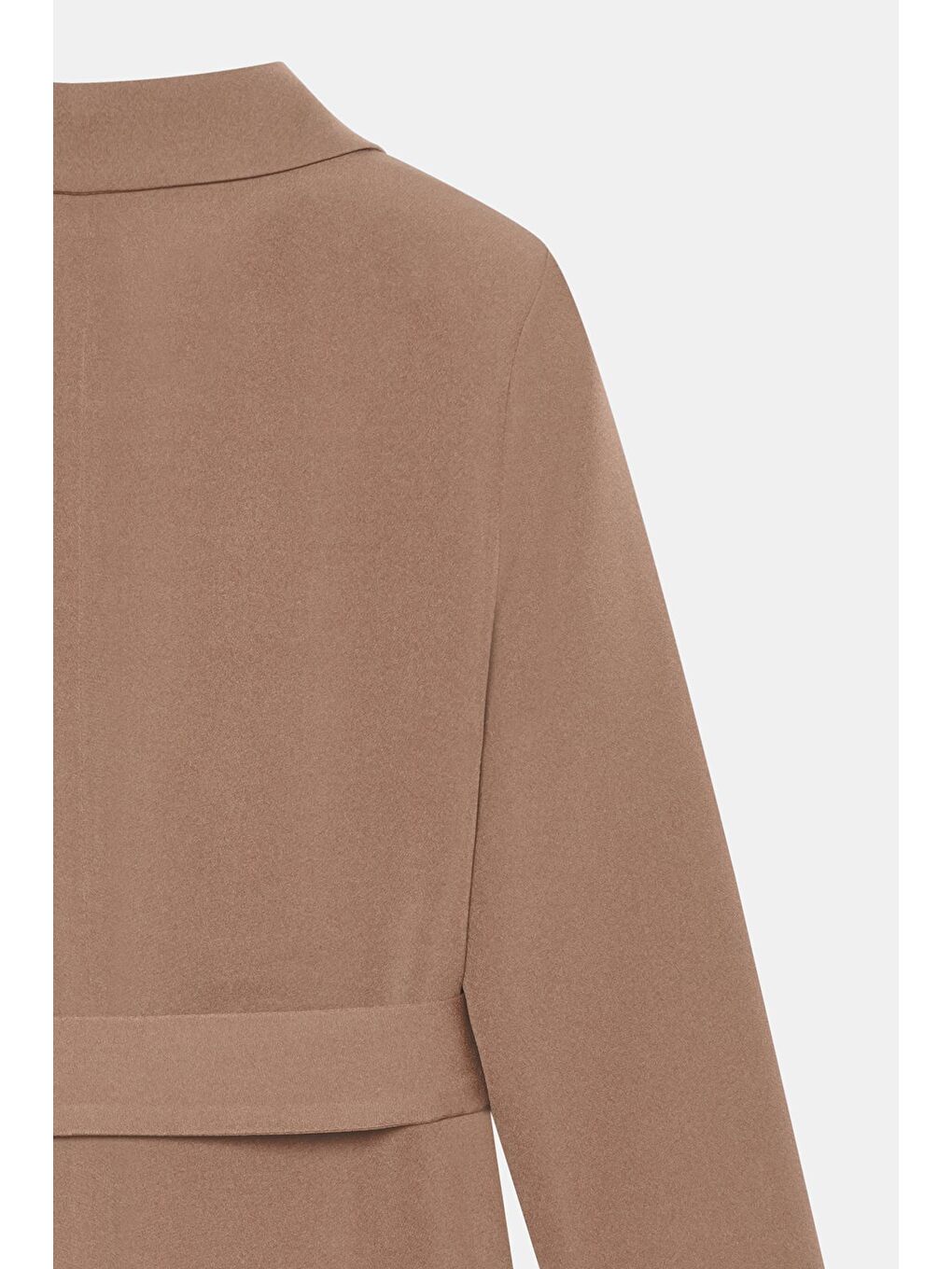 Kahverengi Kamel Kadın Tek Düğmeli Dokuma Kruvaze Blazer Ceket - Kuşaklı-3