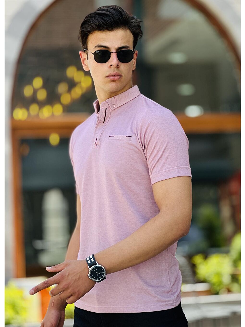 Pat-Cep Üstü Nakış Detaylı Polo Yaka Kısa Kollu Tişört 41289-Pembe-2