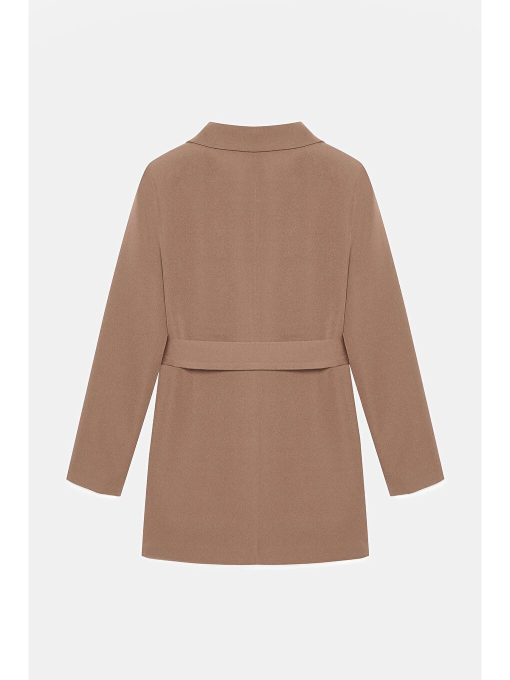 Kahverengi Kamel Kadın Tek Düğmeli Dokuma Kruvaze Blazer Ceket - Kuşaklı-4