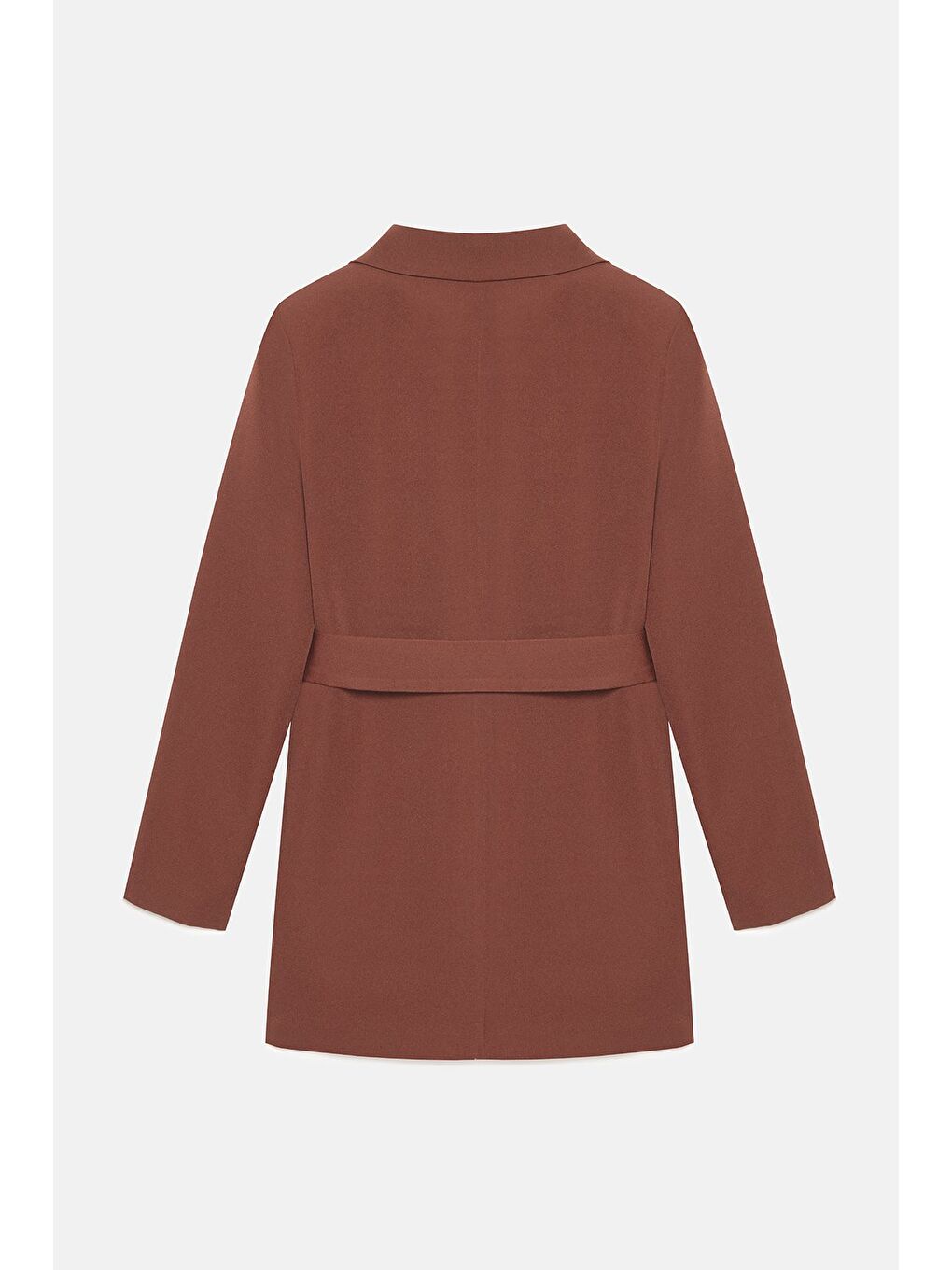 Kahverengi Kadın Tek Düğmeli Dokuma Kruvaze Blazer Ceket - Kuşaklı-4