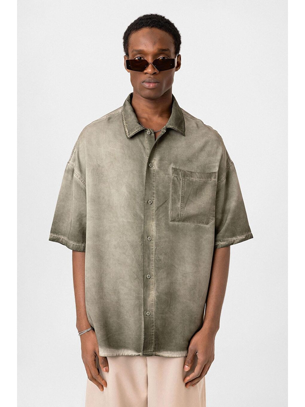 Yıkamalı Truvakar Kollu Oversize Gömlek Haki-2