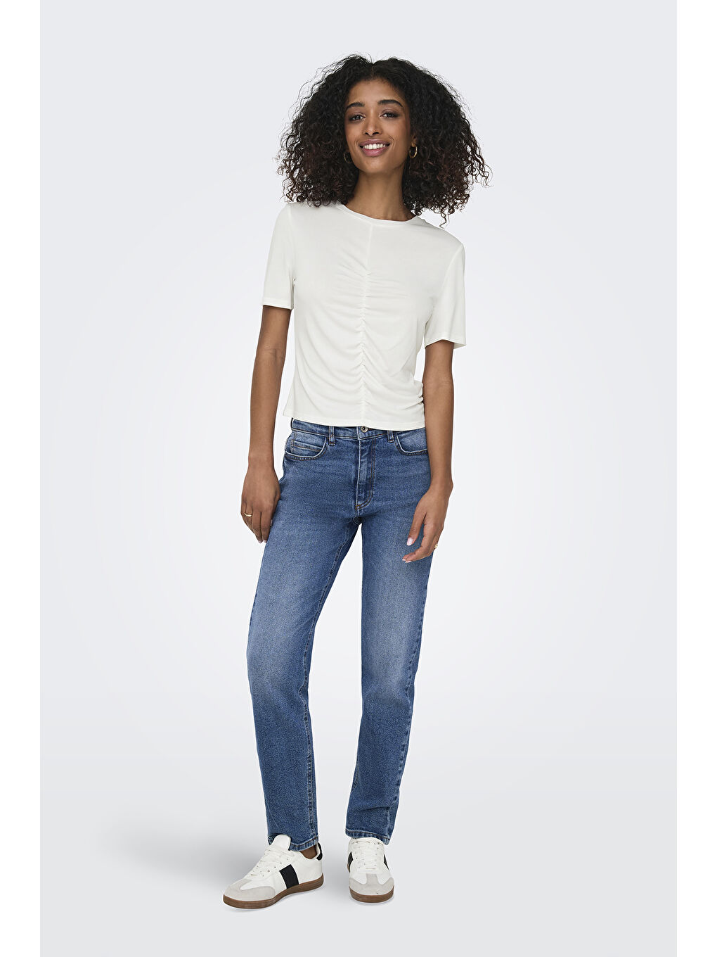 Ekru Onlfree Büzgülü Regular Fit Bisiklet Yaka T Shirt 15346602-1