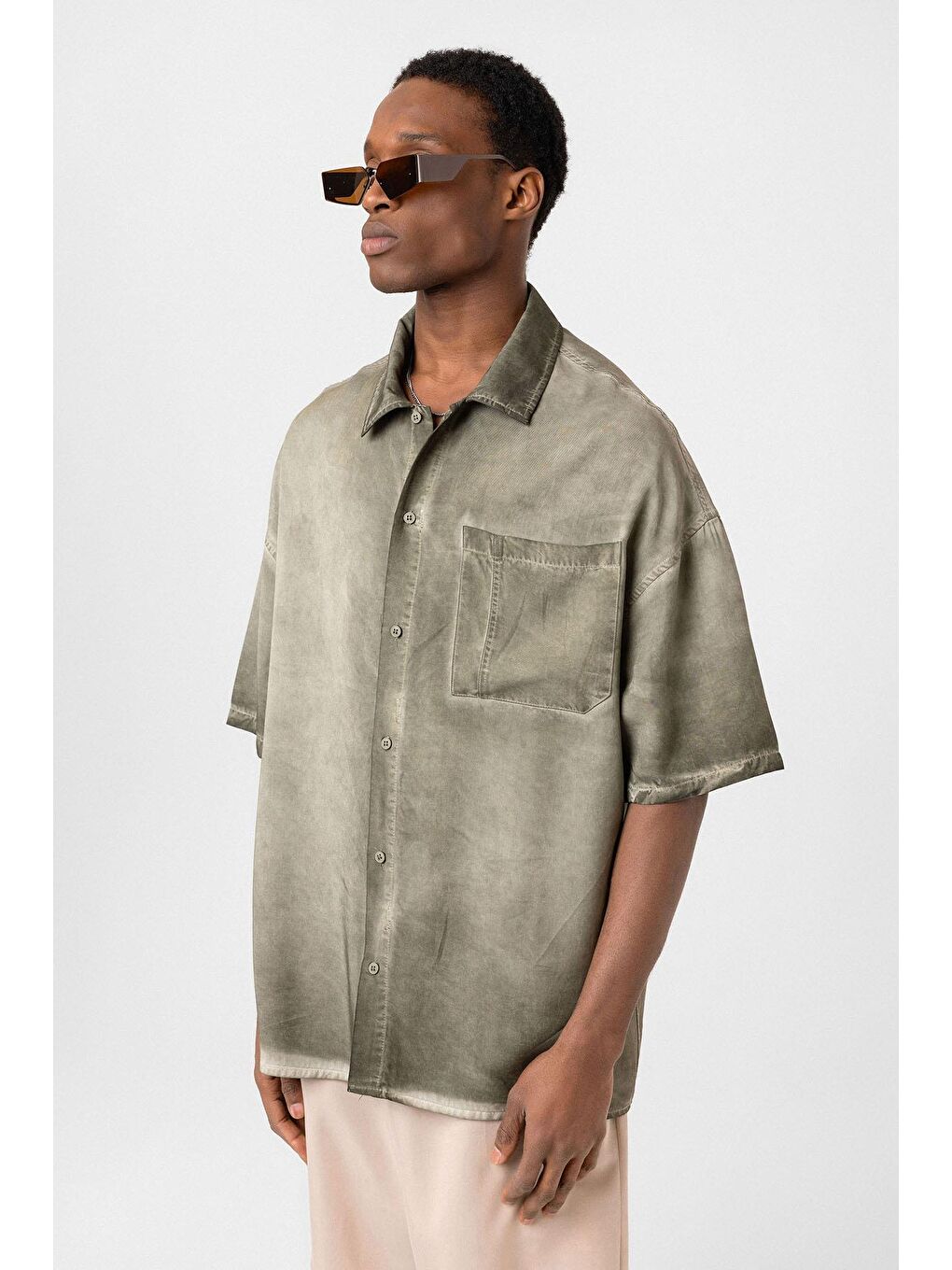 Yıkamalı Truvakar Kollu Oversize Gömlek Haki-3