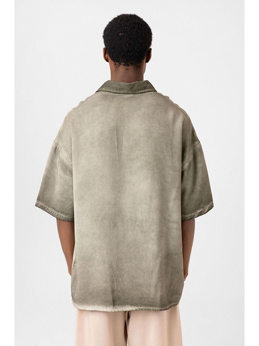 Yıkamalı Truvakar Kollu Oversize Gömlek Haki-4