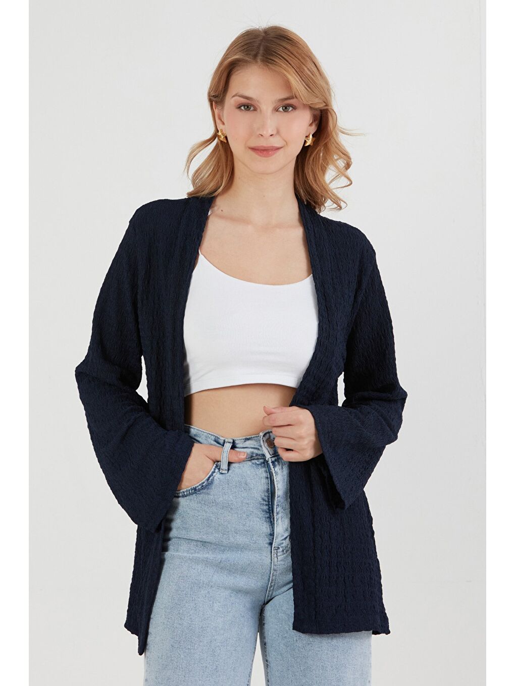 Lacivert Basic Bürümcük Kumaş Kimono