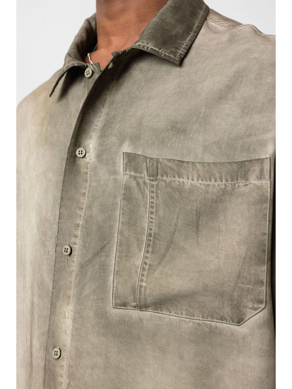 Yıkamalı Truvakar Kollu Oversize Gömlek Haki-5