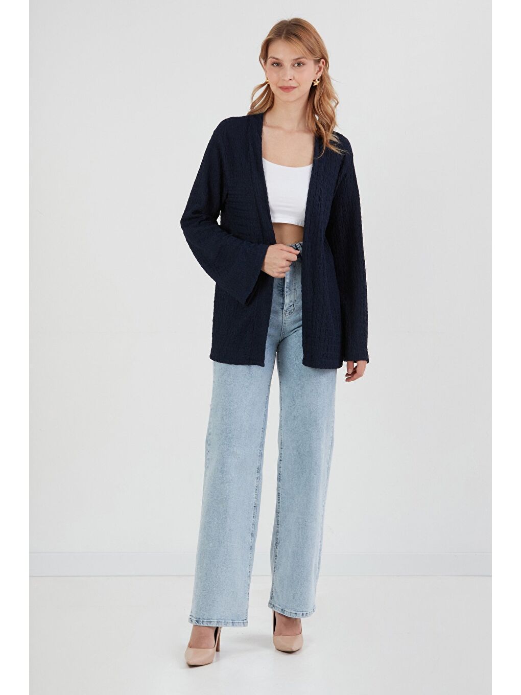 Lacivert Basic Bürümcük Kumaş Kimono-1