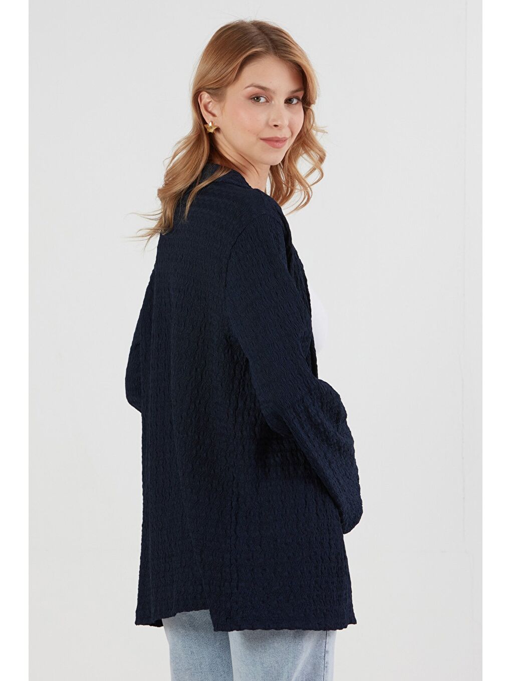 Lacivert Basic Bürümcük Kumaş Kimono-2