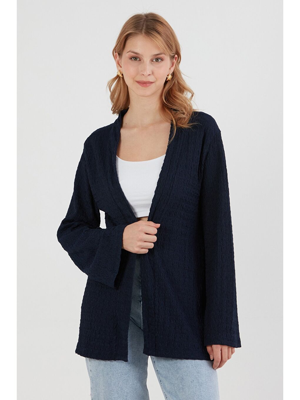 Lacivert Basic Bürümcük Kumaş Kimono-3