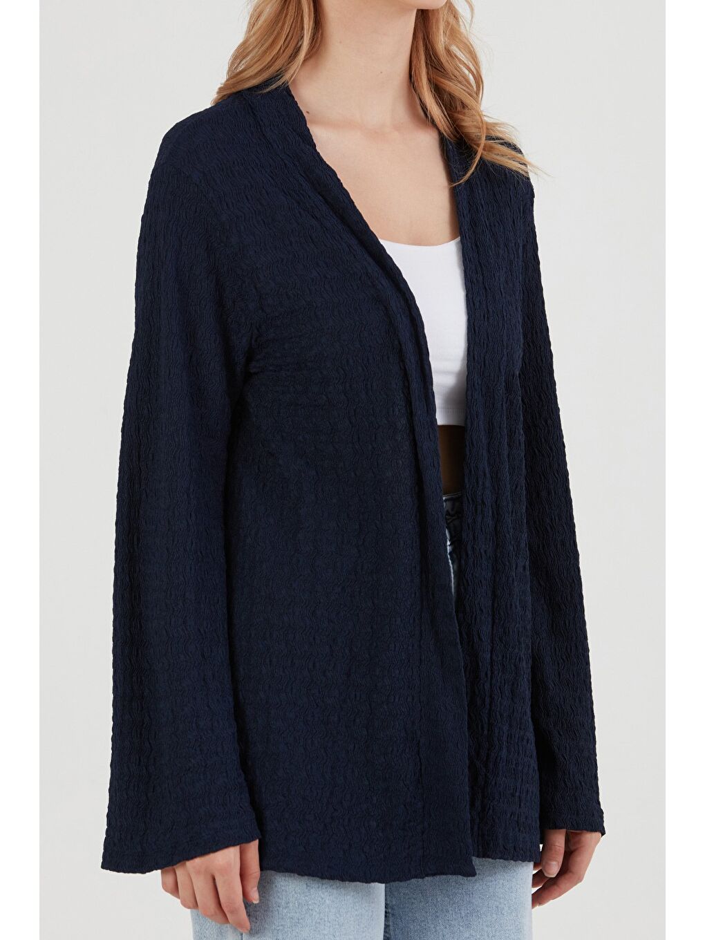 Lacivert Basic Bürümcük Kumaş Kimono-4