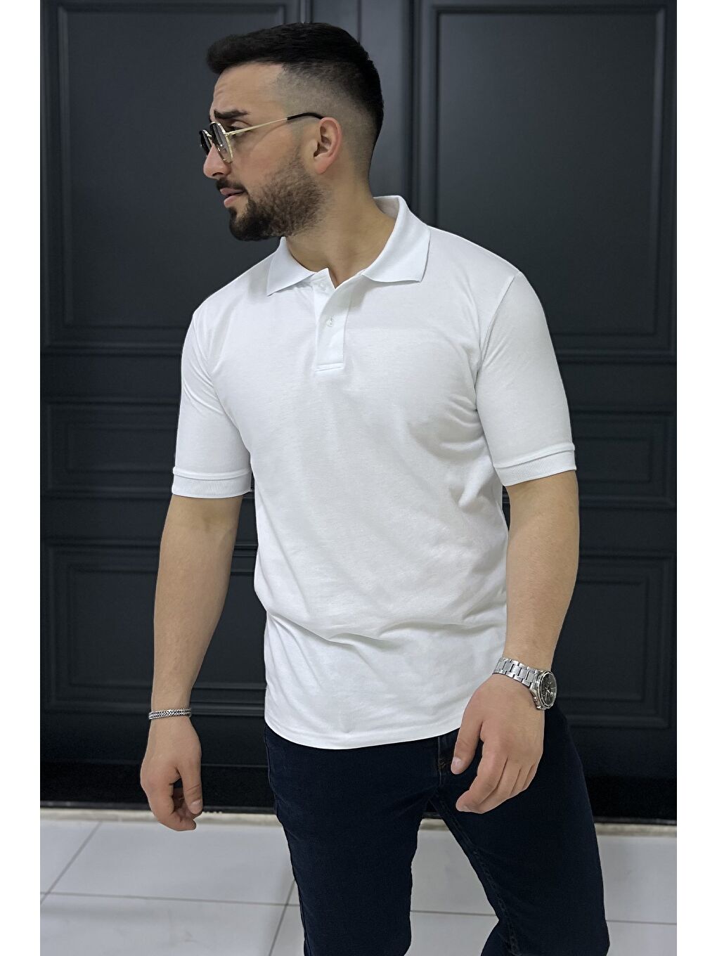 Beyaz Polo Yaka Yarım Düğmeli Erkek Tişört-1