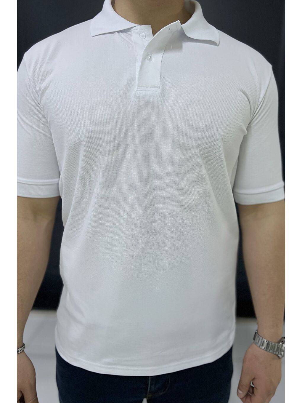 Beyaz Polo Yaka Yarım Düğmeli Erkek Tişört-3