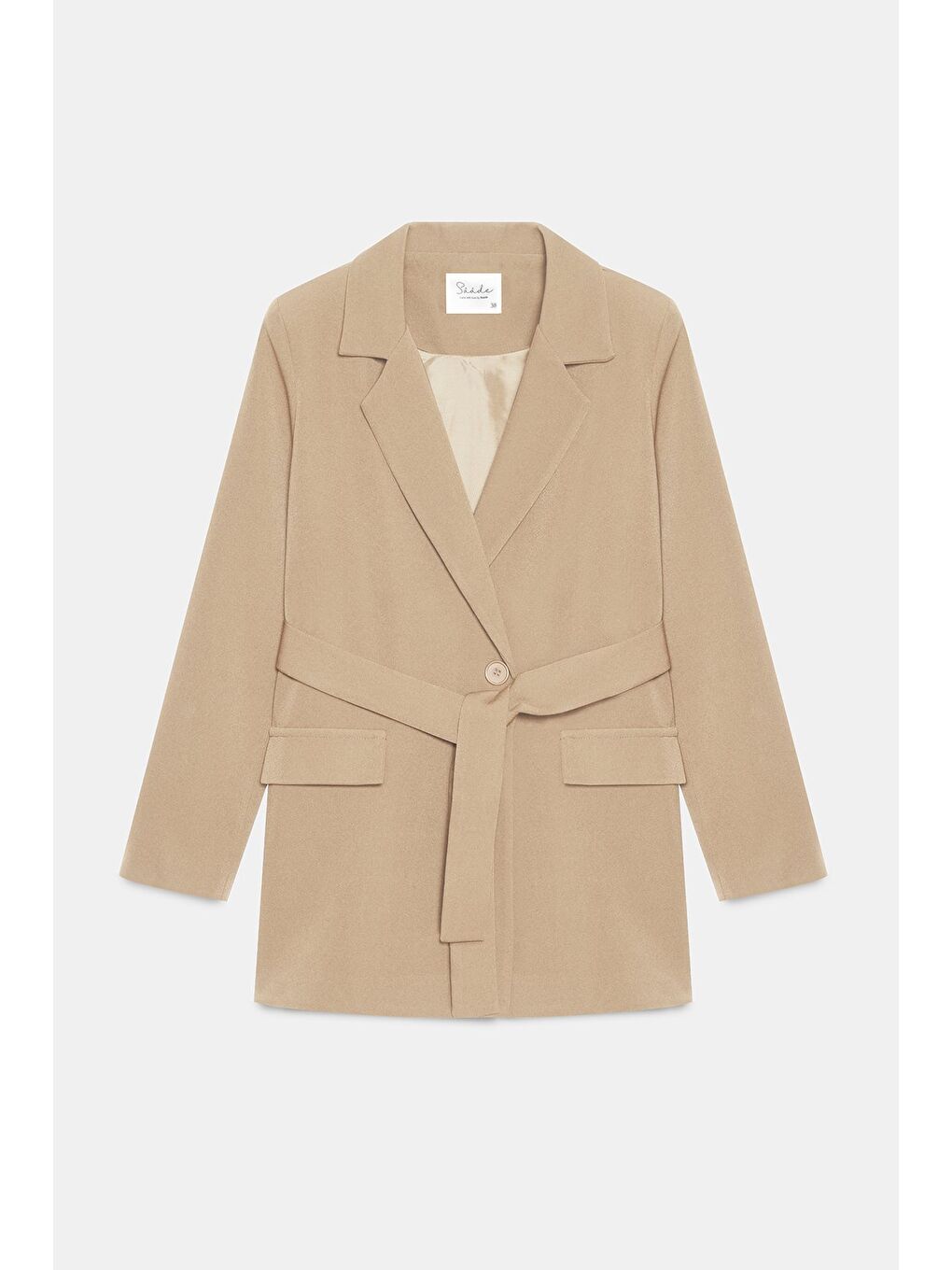 Bej Vizon Kadın Tek Düğmeli Dokuma Kruvaze Blazer Ceket - Kuşaklı