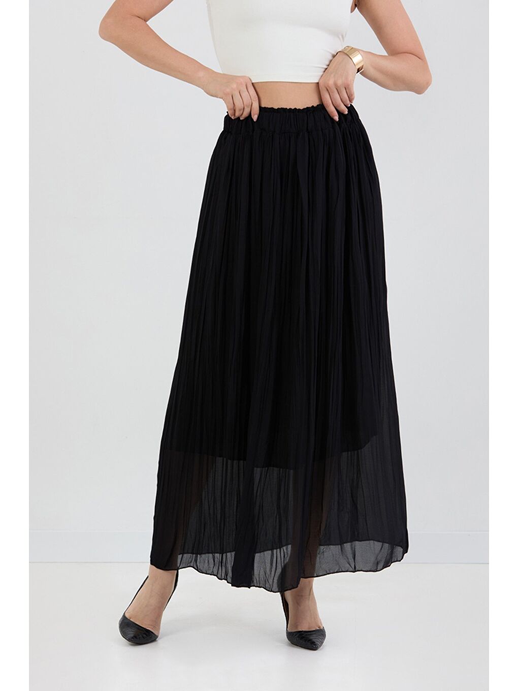 Siyah Beli Lastikli Piliseli Şifon Etek-2