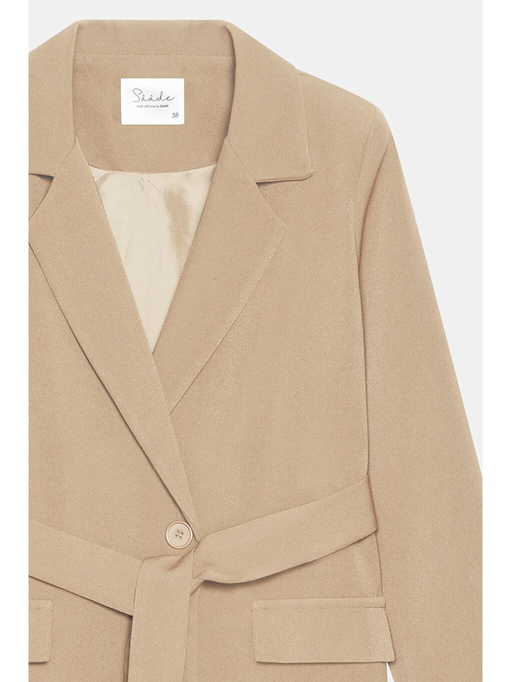 Bej Vizon Kadın Tek Düğmeli Dokuma Kruvaze Blazer Ceket - Kuşaklı-1