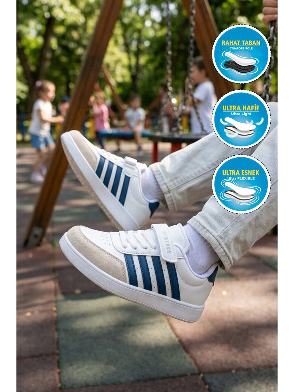 Beyaz İndigo Cırtlı Hafif Esnek Erkek Çocuk Spor Ayakkabı 754 F-2