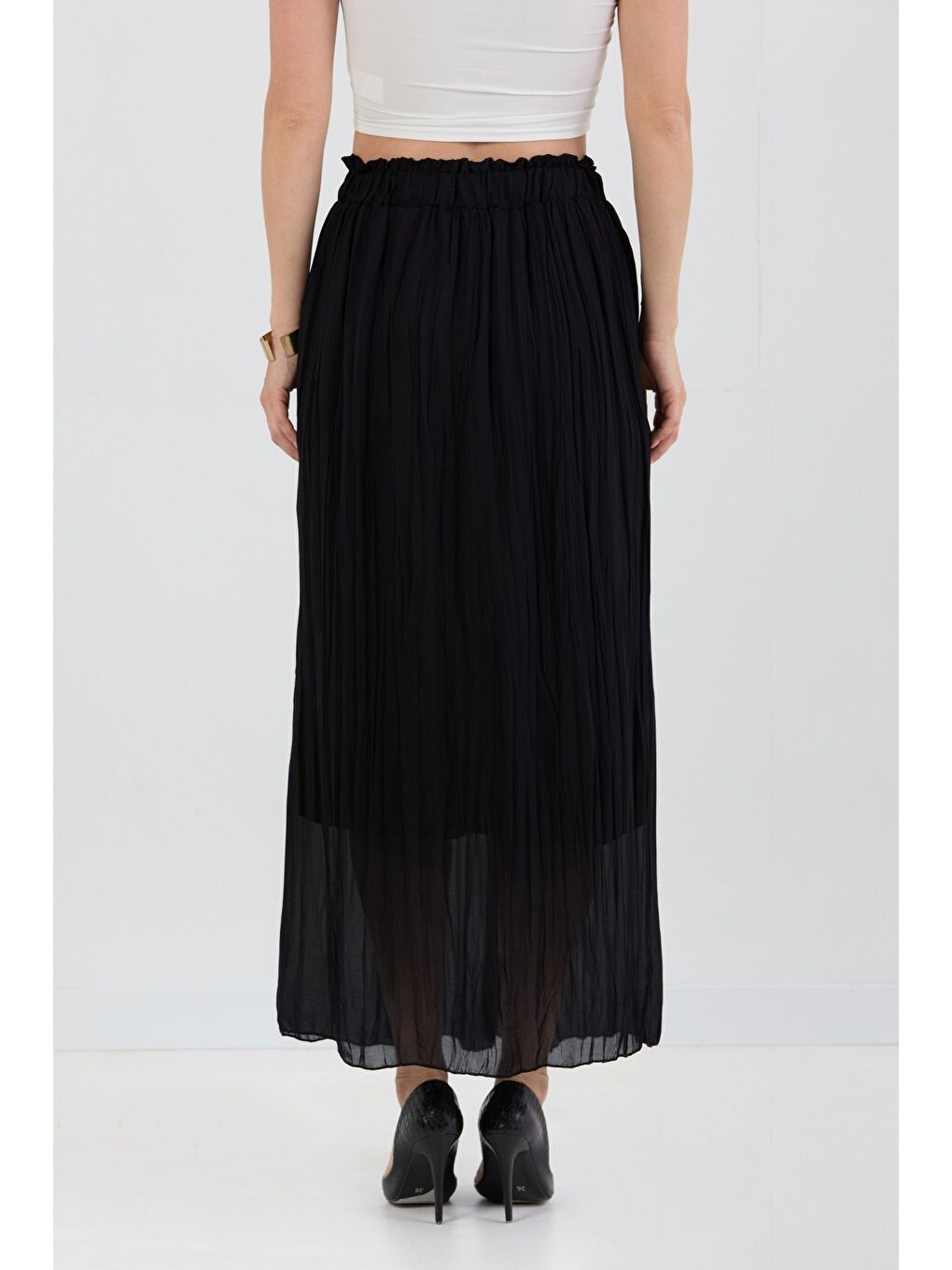 Siyah Beli Lastikli Piliseli Şifon Etek-4