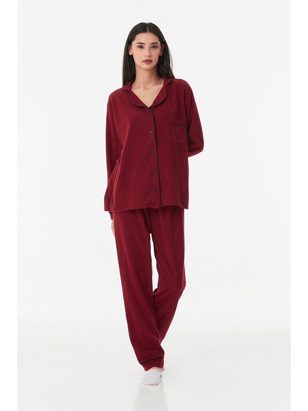 Mürdüm Fitilli Düğmeli Pijama Takımı-2