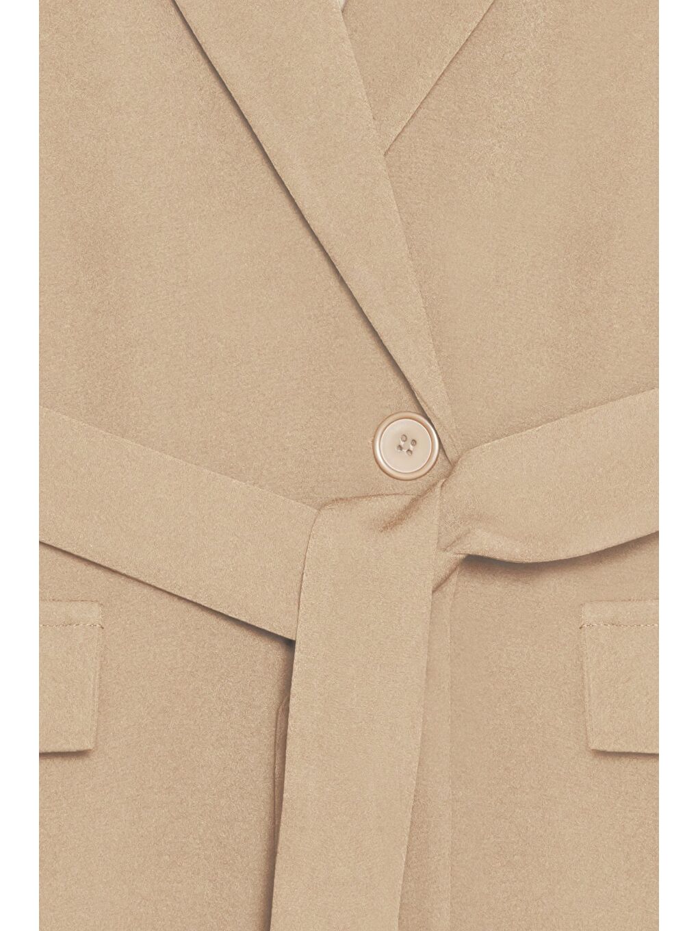 Bej Vizon Kadın Tek Düğmeli Dokuma Kruvaze Blazer Ceket - Kuşaklı-2
