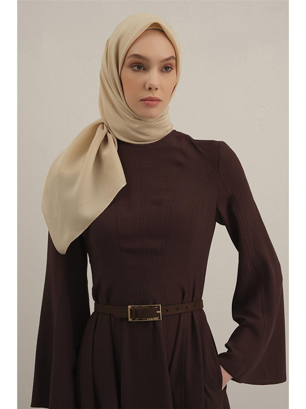 Bej Bordürlü Lyocell Eşarp 64-1